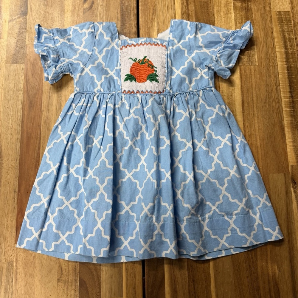 Smocked or Not Girls 18M Blue Pumpkin Smocked Fall Thanksgiving Dress
